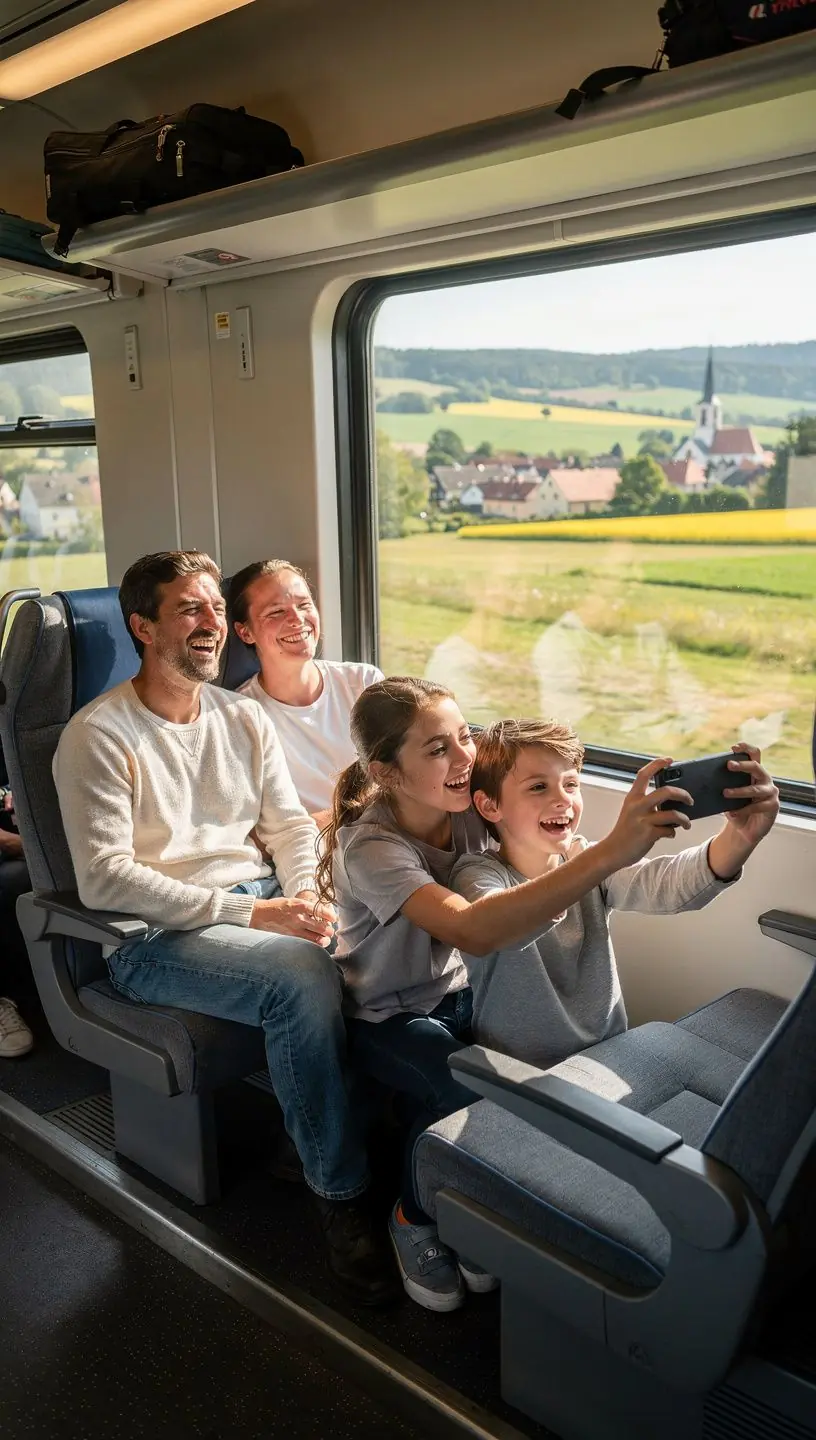 Rodina s malými dětmi prochází historickým centrem Prahy, obklopená krásnou architekturou.