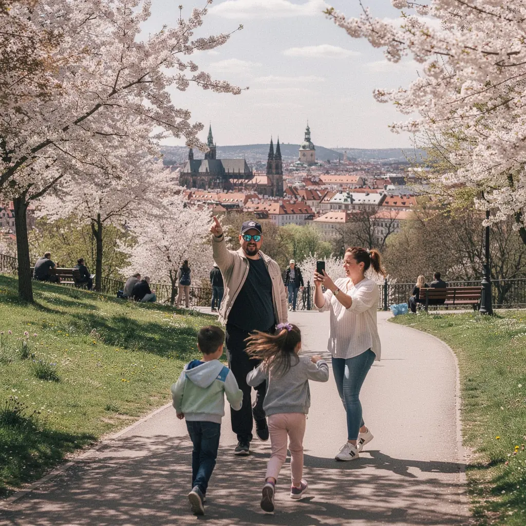 Rodina se společně fotografuje na vyhlídce s panoramatickým výhledem na město Brno.