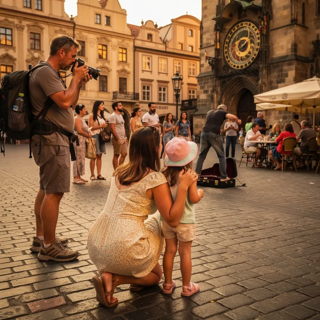 Rodiče plánují itinerář na stole, obklopeni mapami a informacemi o dostupných atrakcích.